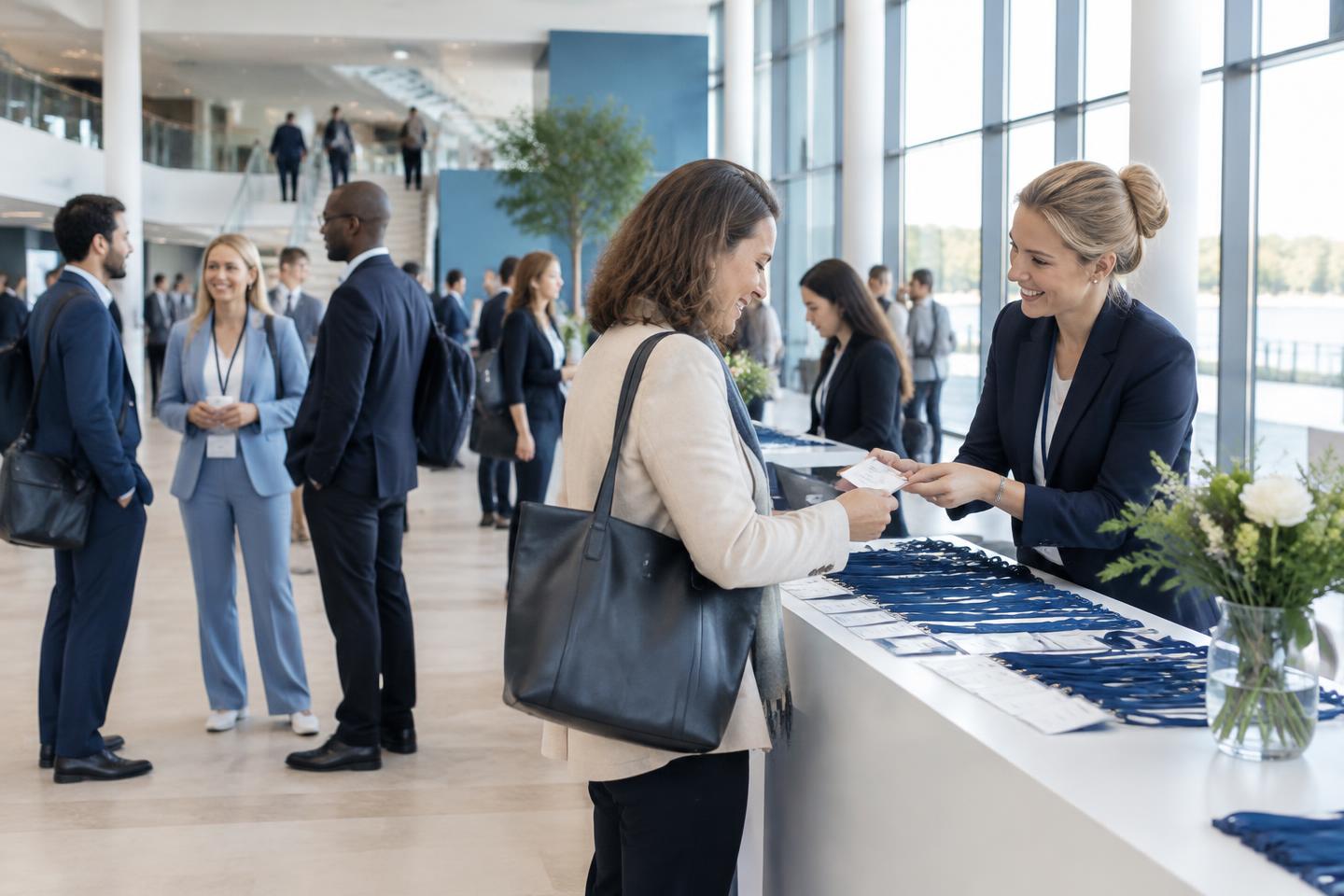 Illustrativ bild av en deltagare som välkomnas vid ett events registreringsdisk