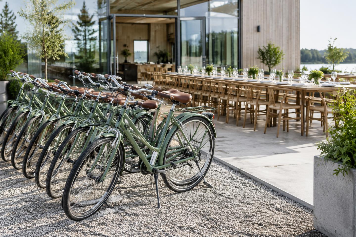 Illustrative image of bicycles and set tables at an event venue